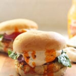 Buffalo turkey burger topped with blue cheese sauce.
