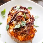 BBQ Chicken Twice Baked Sweet Potatoes | 5 ingredient twice baked sweet potatoes stuffed with BBQ chicken and smoked gouda! | www.reciperunner.com