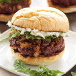 Bacon Burgers with Bourbon Caramelized Onions & Honey Goat Cheese + A SABER Grills Giveaway! | Bourbon, bacon, and goat cheese, what more do you need in a burger recipe?!