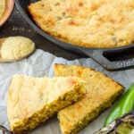 Skillet Cheddar and Green Chile Cornbread | Moist cornbread with a crispy crust filled with Hatch green chiles, cheese, and corn!