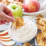 Baked Apple Chips with Snickerdoodle Dip | Cinnamon sugar baked apple chips are perfect for dipping in this cookie inspired dessert dip!