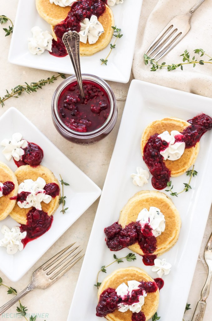 Mini Cornmeal Pancakes with Whipped Goat Cheese and Berry Thyme Compote