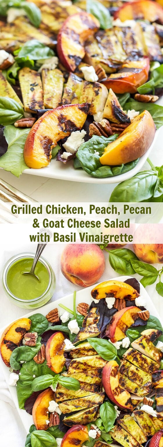Grilled Chicken, Peach, Pecan and Goat Cheese Salad with Basil