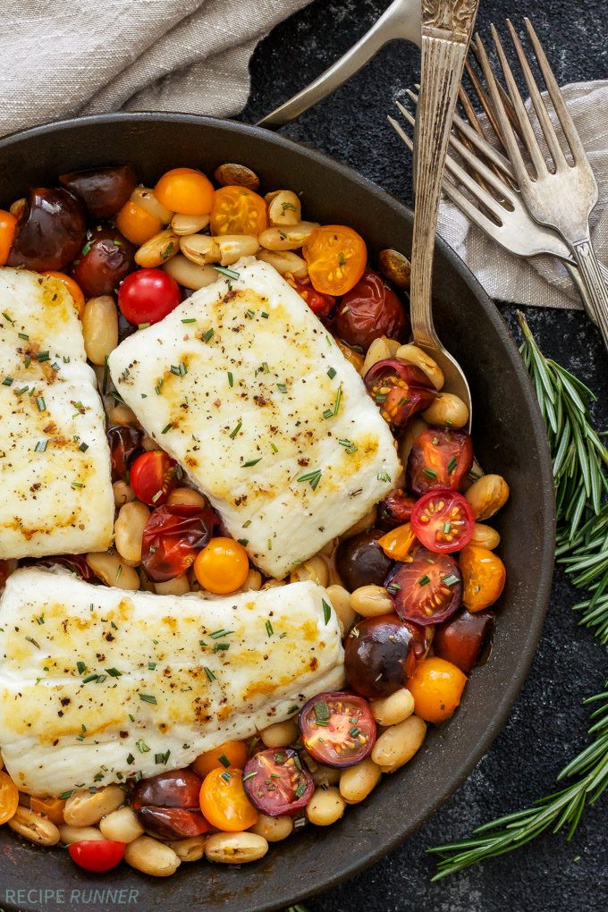 Pan Seared Halibut with Rosemary Tomatoes and White Beans Recipe Runner