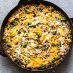 Broccoli chicken rice casserole in a skllet.