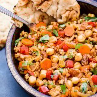 Every bite of this Moroccan Turkey and Chickpea Skillet is filled with savory and sweet flavors. Warm spices such as cinnamon and cumin tie everything together in this easy, gluten-free dinner!