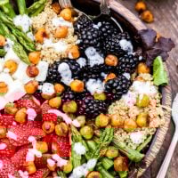 Berry, Asparagus, Quinoa and Feta Salad with Sweet Crispy Chickpeas