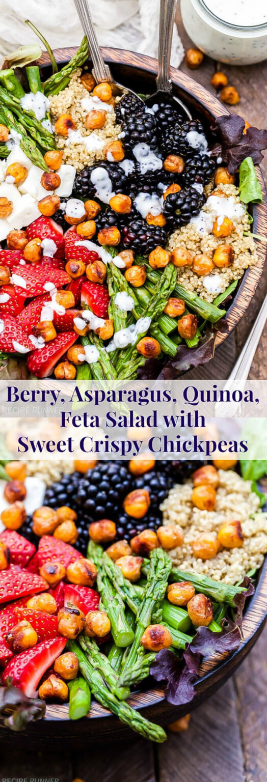 Berry, Asparagus, Quinoa and Feta Salad with Sweet Crispy Chickpeas