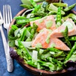 Take your salad to the next level with this Salmon and Green Vegetable Salad with Green Goddess Dressing! Loaded with asparagus, sugar snap peas, cucumber and zucchini ribbons. Top it with salmon and a fresh, herbaceous and healthy dressing for the perfect summer dinner.