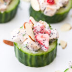 Whether you're looking for a low carb dinner or a fun new way to serve chicken salad at your next party or brunch, you'll love these healthy, creamy, Strawberry Poppy Seed Chicken Salad Stuffed Cucumbers!