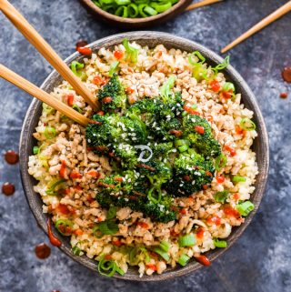 Asian Ground Turkey and Broccoli Cauliflower Rice Bowls are perfect for a quick and easy, stress-free dinner. Low-carb, gluten-free and can easily be made paleo with a couple adjustments.