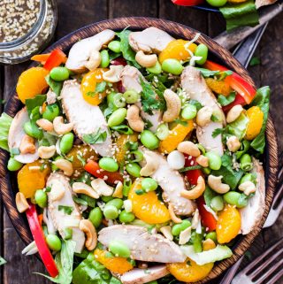 Asian Sesame Chicken and Cashew Salad. A filling and main dish salad full of healthy ingredients! Top this crunchy salad with a sweet sesame honey vinaigrette for maximum flavor!