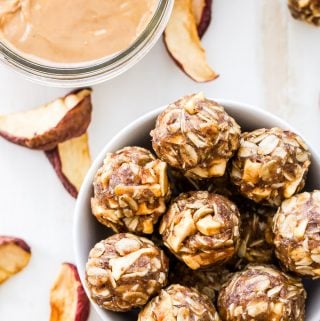 Peanut Butter Apple Energy Bites taste just like your favorite childhood snack! Gluten-free, great for refueling after a workout and they have a vegan option as well.