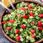 This Lebanese Tabbouleh Salad is loaded with fresh vegetables, bulgar wheat, parsley and mint. Toss everything together in fresh lemon juice and olive oil for the perfect, easy to make salad! 