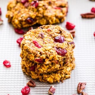 Pumpkin Cranberry Pecan Breakfast Cookies are great for a grab-and-go breakfast, post workout refueling or a healthy snack or dessert. Full of protein, carbs and plenty of pumpkin spice!