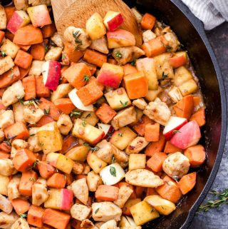 An easy skillet recipe that’s bursting with sweet, savory, tangy flavor! This Maple Mustard Chicken, Sweet Potato and Apple Skillet is a delicious and healthy dinner that will have you going back for seconds! #skillet #chicken #sweetpotato #apple #glutenfree #paleo #dinner