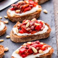Roasted Red Pepper, Olive and Ricotta Crostini
