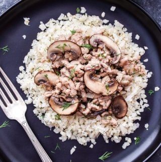 You'll love this lightened up, affordable and easy to make Ground Turkey and Mushroom Stroganoff! An easy and healthy, comfort food weeknight dinner. #stroganoff #dinner #easyrecipe #glutenfree #mushroom #lowcarb #groundturkey