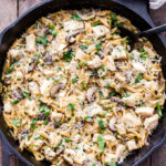 Parmesan Herb Chicken, Mushroom and Orzo in a cast iron Skillet