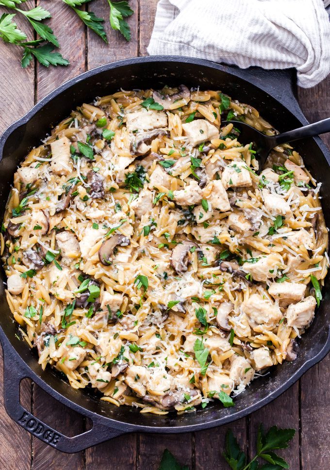 Parmesan Herb Chicken, Mushroom and Orzo Skillet  Recipe Runner