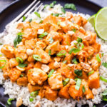 Skillet Thai Chicken and Sweet Potato Curry is a healthy, warming, comfort food meal that can be on the table in 30 minutes. Savory, sweet and a little bit spicy, this flavorful skillet dinner will be a family favorite! #thaifood #chicken #sweetpotato #curry #healthy #glutenfree