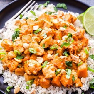 Skillet Thai Chicken and Sweet Potato Curry is a healthy, warming, comfort food meal that can be on the table in 30 minutes. Savory, sweet and a little bit spicy, this flavorful skillet dinner will be a family favorite! #thaifood #chicken #sweetpotato #curry #healthy #glutenfree