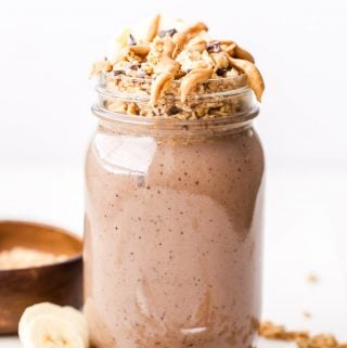 Chocolate Peanut Butter Espresso Smoothie Parfait is the solution for people who love to drink smoothies, but want something to eat too. Swirl in the granola and eat it with a spoon or drink it with a straw and save the crunch for the end! #chocolate #peanutbutter #smoothie #espresso #breakfast #glutenfree