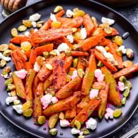 Moroccan Roasted Carrots with Goat Cheese, Pistachios and Golden Raisins
