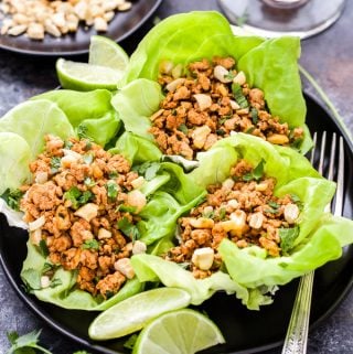These Thai Chicken Lettuce Wraps are a flavor explosion for your tastebuds! Sweet, spicy, savory they have it all. A quick and easy dinner or party party appetizer that will be ready in 30 minutes or less! #thai #chicken #lettucewraps