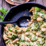 Cheesy Pesto Chicken and Broccoli Quinoa Skillet. A quick and easy, one pan, healthy, gluten-free dinner the whole family will love! #skilletdinner #quinoa #broccoli #chicken #glutenfree