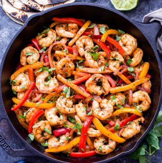 Skillet Shrimp Fajitas in cast iron skillet.