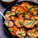 Grilled Sweet Potatoes with Cilantro Chimichurri are the perfect side dish to make this summer! The mild sweetness and char of the potatoes combined with the fresh, bright flavors of the chimichurri is the ultimate combination! #sweetpotatoes #chimichurri #cilantro #sidedish #glutenfree #paleo #vegan