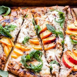 Chicken Peach Ricotta Pizza with Arugula and Balsamic Glaze