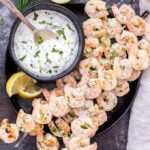 Lemon Dill Grilled Shrimp with Yogurt Herb Sauce are a healthy, fast and flavorful weeknight dinner or party appetizer! On the table in 30 minutes or less and gone in less time than that! #shrimp #grilling #easydinner #appetizer #seafood #glutenfree