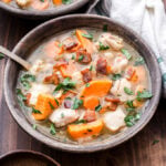 Chicken and Sweet Potato Stew is a cozy dinner to cozy up with after a long day. Simple, wholesome ingredients create a delicious stew that will make you forget all about those flavorless versions you've had in the past! #stew #chickenstew #chickenrecipe #glutenfree #dinner
