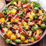 Fall Roasted Vegetable Panzanella Salad is made with butternut squash, brussels sprouts, apples, dried cranberries, pepitas and baby kale then tossed together in a cider vinaigrette. It's the perfect fall salad or colorful side dish for your Thanksgiving table! #panzanella #salad #brusselsprouts #butternutsquash #glutenfree #vegan #thanksgiving