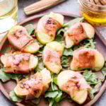 Prosciutto Wrapped Apples with Manchego Cheese are perfect for fall and holiday entertaining. Made with only four ingredients and can be ready to eat in 15 minutes or less! #appetizer #apples #prosciutto #cheese #glutenfree #thanksgiving #fall #easyappetizer