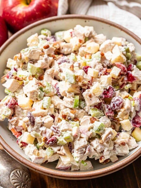 Chicken salad in a white serving bowl with an apple behind it.