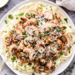 Chicken Marsala Fettuccine is a delicious and easy spin on the classic recipe! Easy enough to make for a weeknight dinner and fancy enough for a special occasion. #chickenmarsala #chickenrecipe #fettuccine #pasta #dinner #easyrecipe #mushrooms #marsala