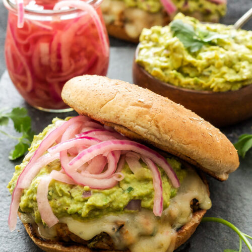 Green Chile Turkey Burgers with Guacamole and Pickled Red Onions