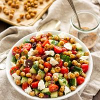 Greek Tomato Cucumber Salad with Crispy Chickpeas