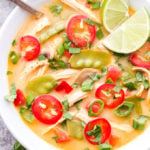 This Thai Chicken Soup is bursting with fresh and spicy flavors! Lightly creamy and perfect for lunch or an easy weeknight dinner! #soup #chickensoup #thairecipe #thai #glutenfree #healthyrecipe