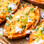 Cheesy Chipotle Lime Twice Baked Sweet Potatoes are sweet, smoky and a little spicy. They're an excellent side dish or even a vegetarian main dish! #sweetpotato #twicebaked #potatoes #sidedish #chipotle #cheesy #vegetarian #glutenfree