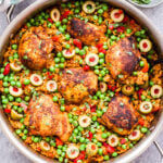 Arroz con Pollo overhead photo of skillet