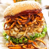 Santa Fe Veggie Burgers with Sweet Potato Fries, Caramelized Onions and Chipotle Ketchup