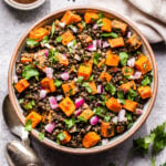 Roasted Sweet Potato Lentil Salad in round serving bowl.