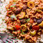 Closeup photo of Turkey Picadillo with green olives and raisins in it.