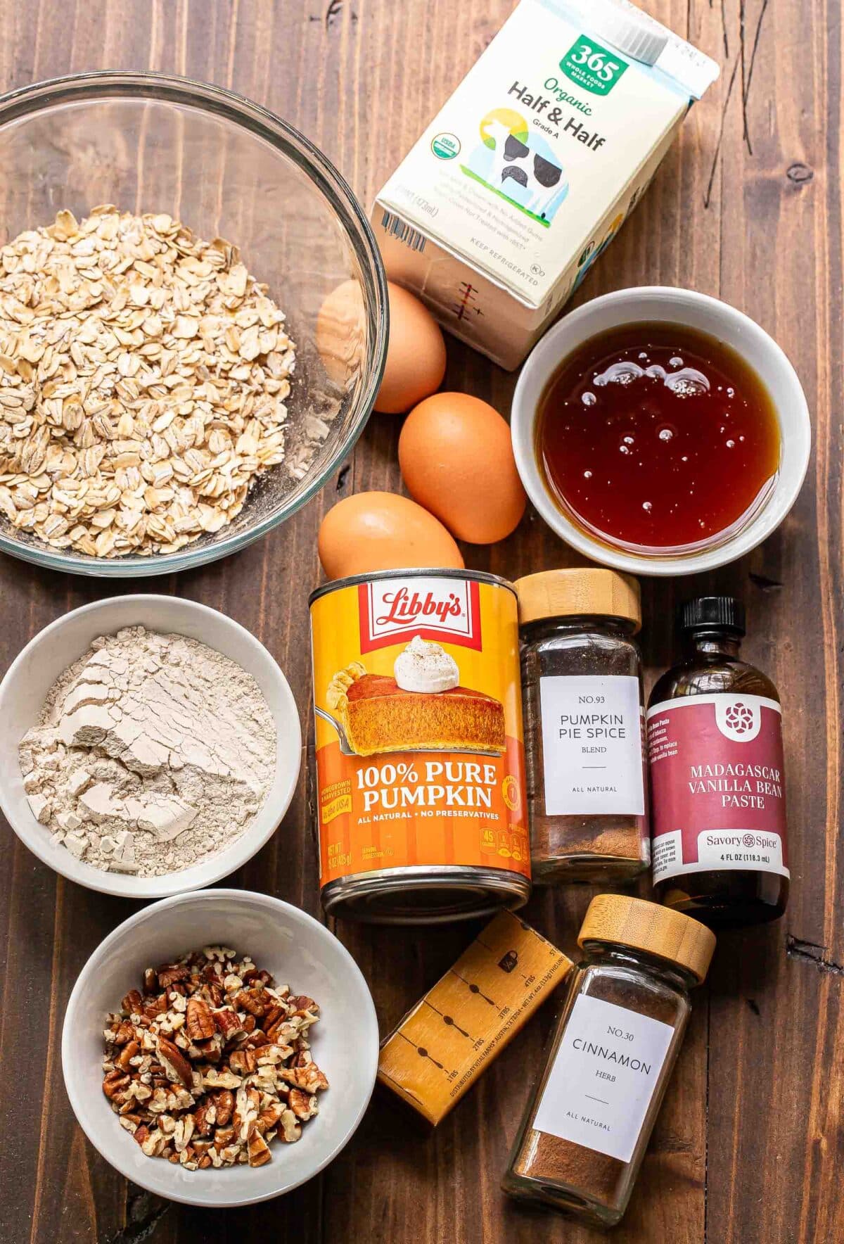Ingredients used to make pumpkin crisp.