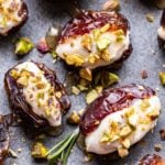 Ricotta Stuffed Dates topped with chopped pistachios and spicy honey.