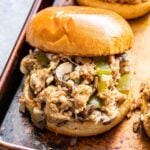 Philly Cheesesteak Sloppy Joes on a sheet pan.